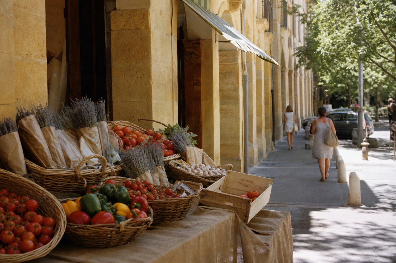 Colorful market stalls in a Provencal town, no text, no logos, no people