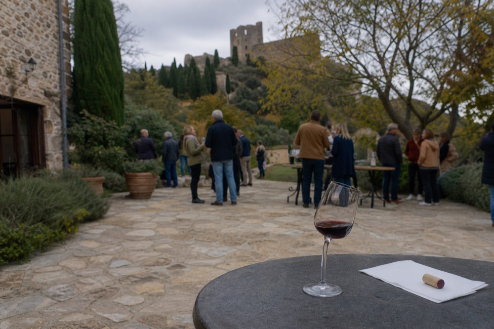 Small group of casually dressed guests tasting red wine at an old stone estate in Châteauneuf-du-Pape, no text, no logos, no people
