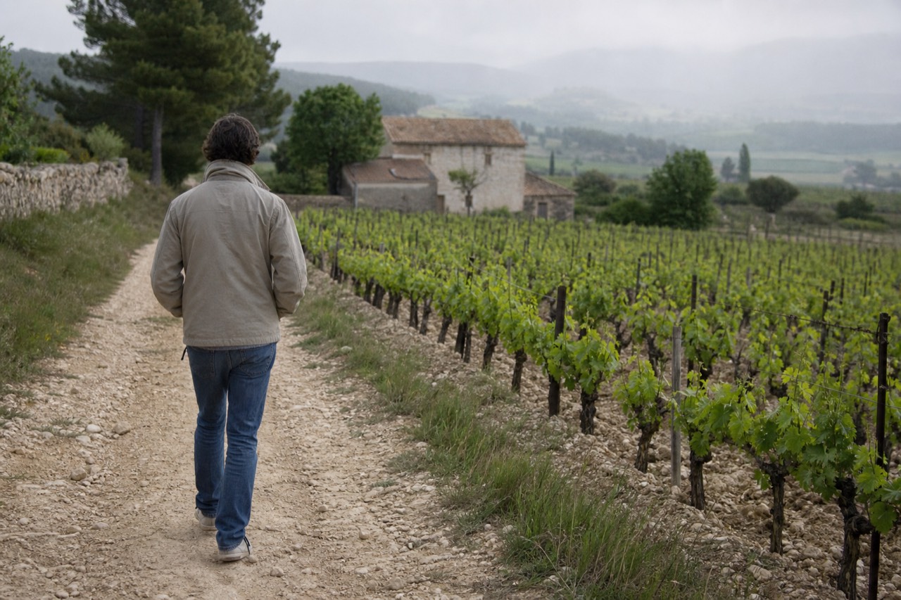 Visitor in jeans and a light jacket walking a stone path between vineyard rows in Provence, no text, no logos, no people