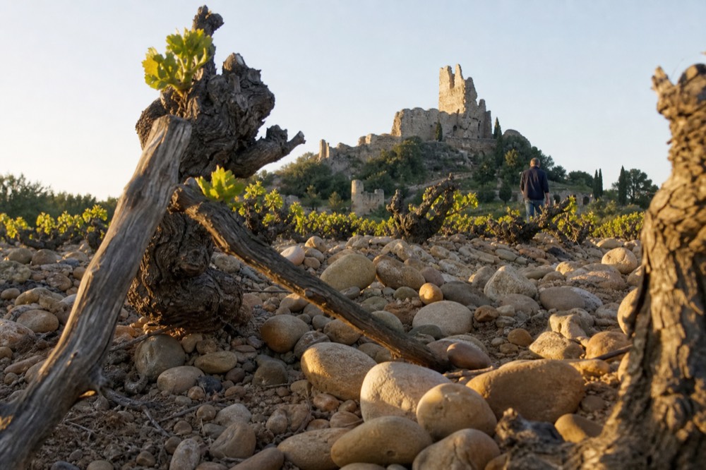 Vineyard with galets roulés stones in Châteauneuf-du-Pape, no text, no logos, no people