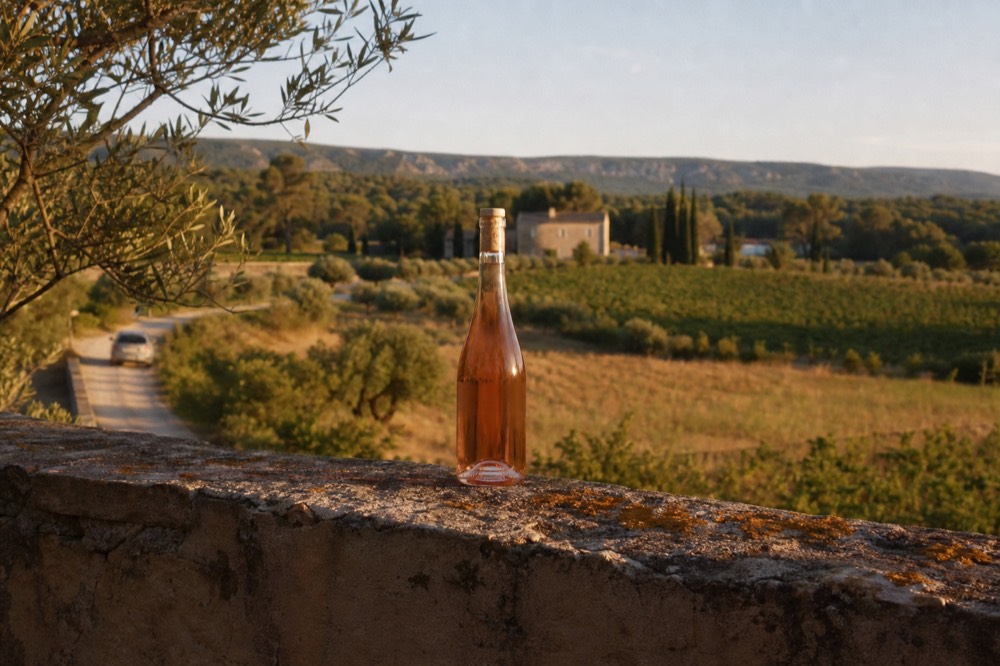 A single bottle of pale rosé on a sunlit stone wall, no text, no logos, no people