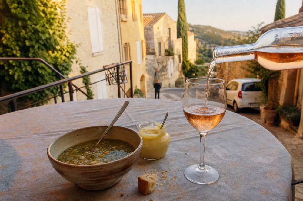 Rosé wine poured with Provençal dishes, no text, no logos, no people