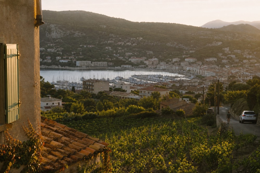 The harbour of Cassis seen from the headland at golden hour, no text, no logos, no people