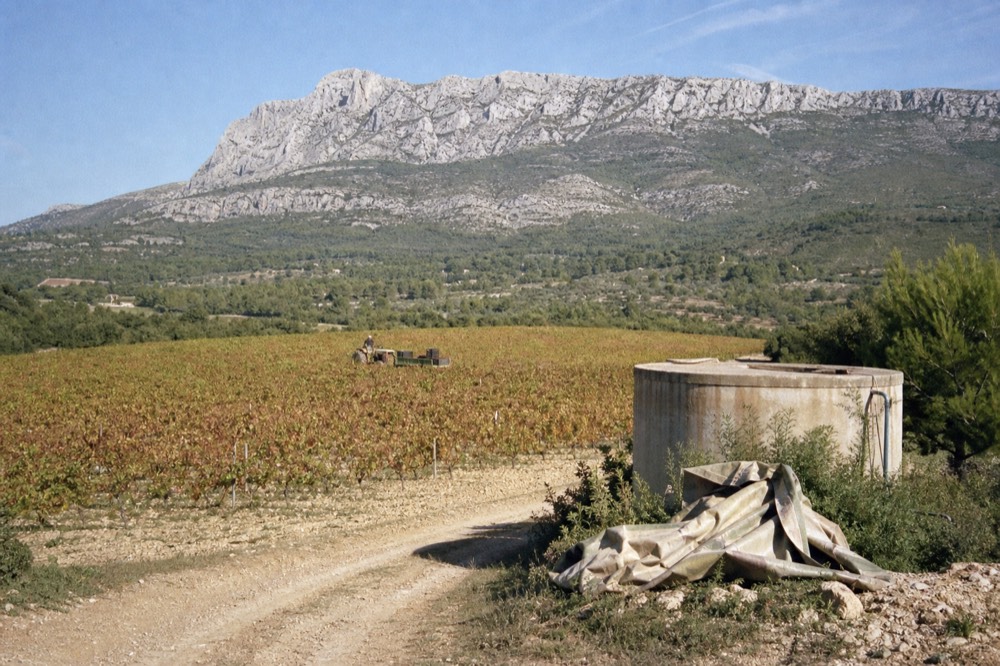 The white limestone ridge of the Sainte-Victoire mountain above vineyard slopes, no text, no logos, no people