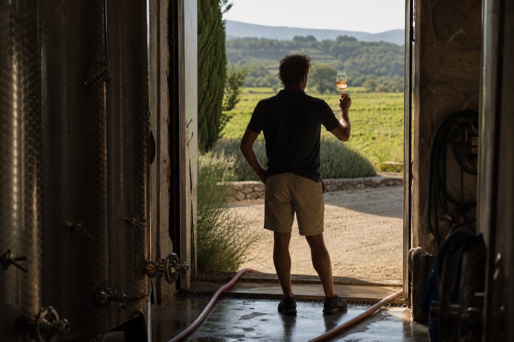 A winemaker holding a glass of pale rosé against the light in a cellar with stainless steel tanks, no text, no logos, no people