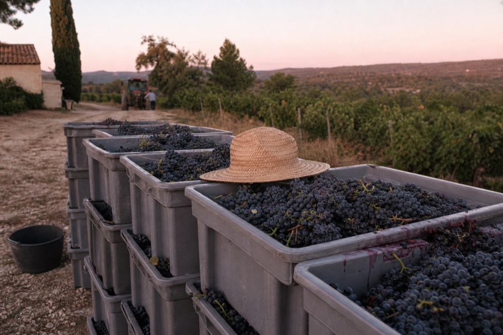 A vineyard worker's crates of freshly picked grapes at dawn in Provence, no text, no logos, no people