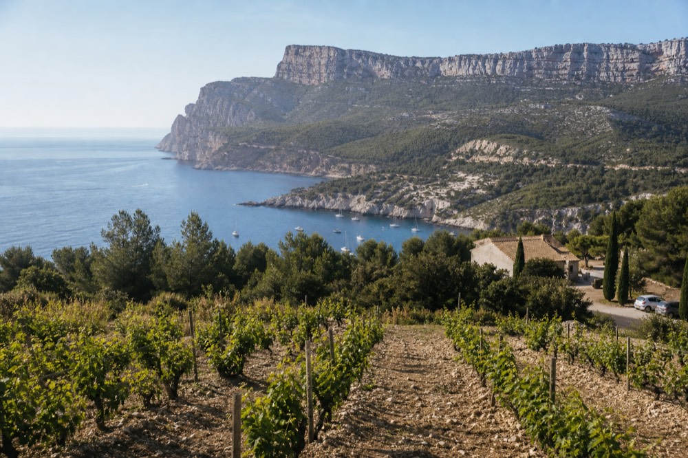 Vines running down to the Mediterranean near Cassis with white cliffs beyond, no text, no logos, no people