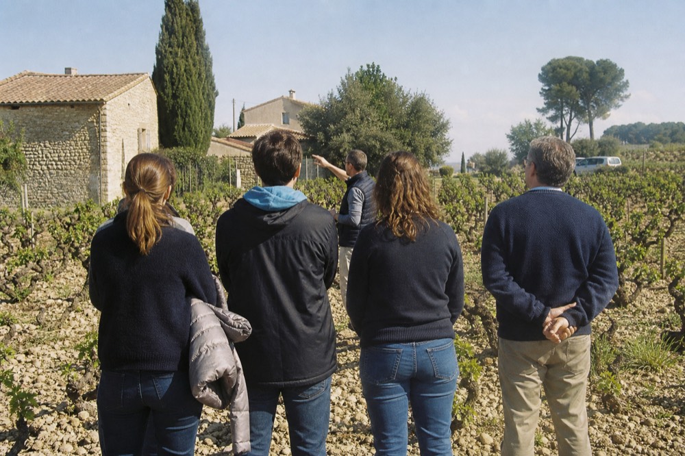 A guide explaining a vineyard row to a small group, no text, no logos, no people