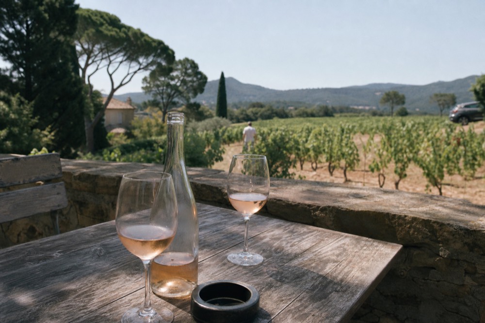 Wine glasses and a bottle of rosé on a terrace overlooking vineyards, no text, no logos, no people