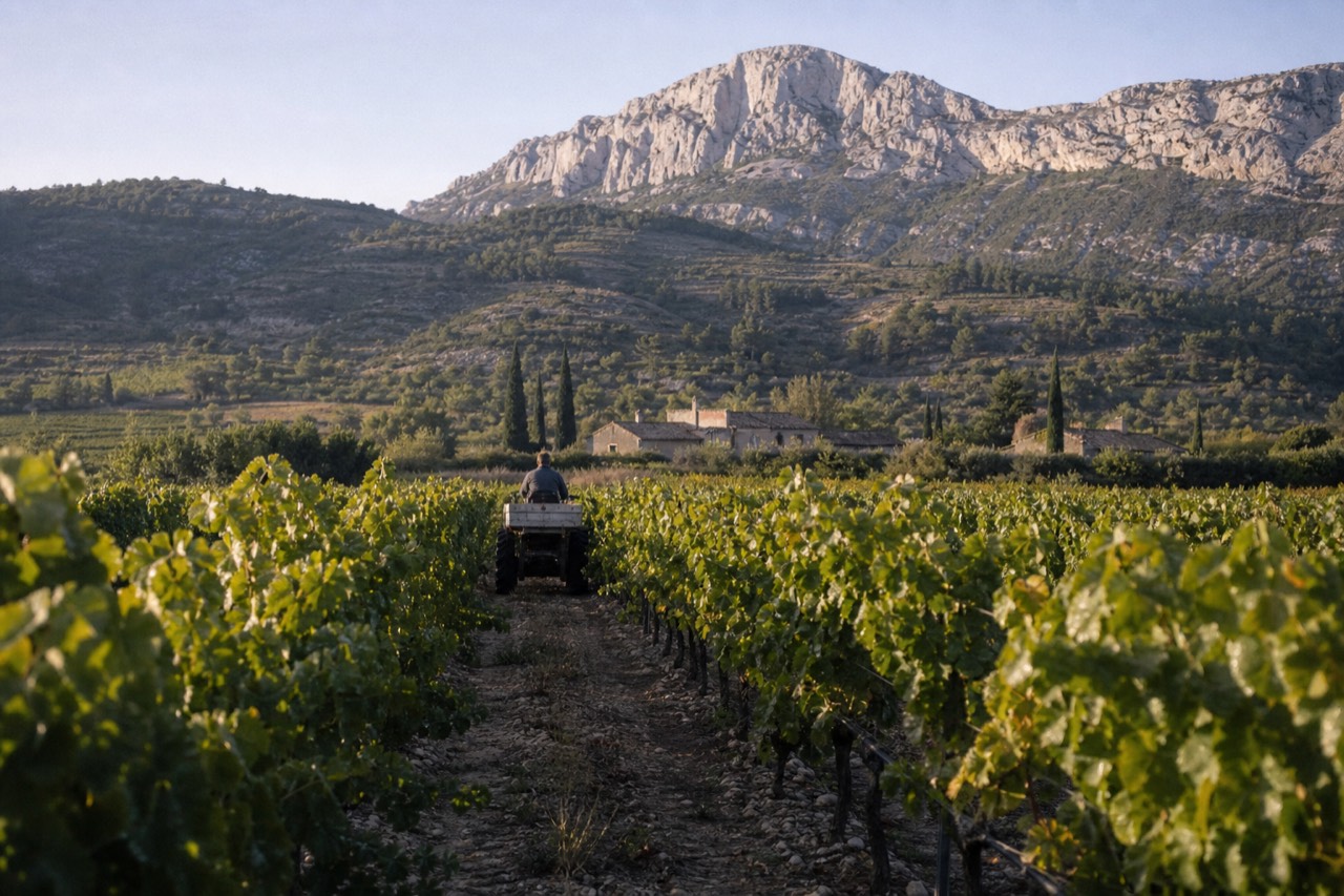 Sunlit rows of grapevines climbing a stony hillside in the Provence countryside of southern France